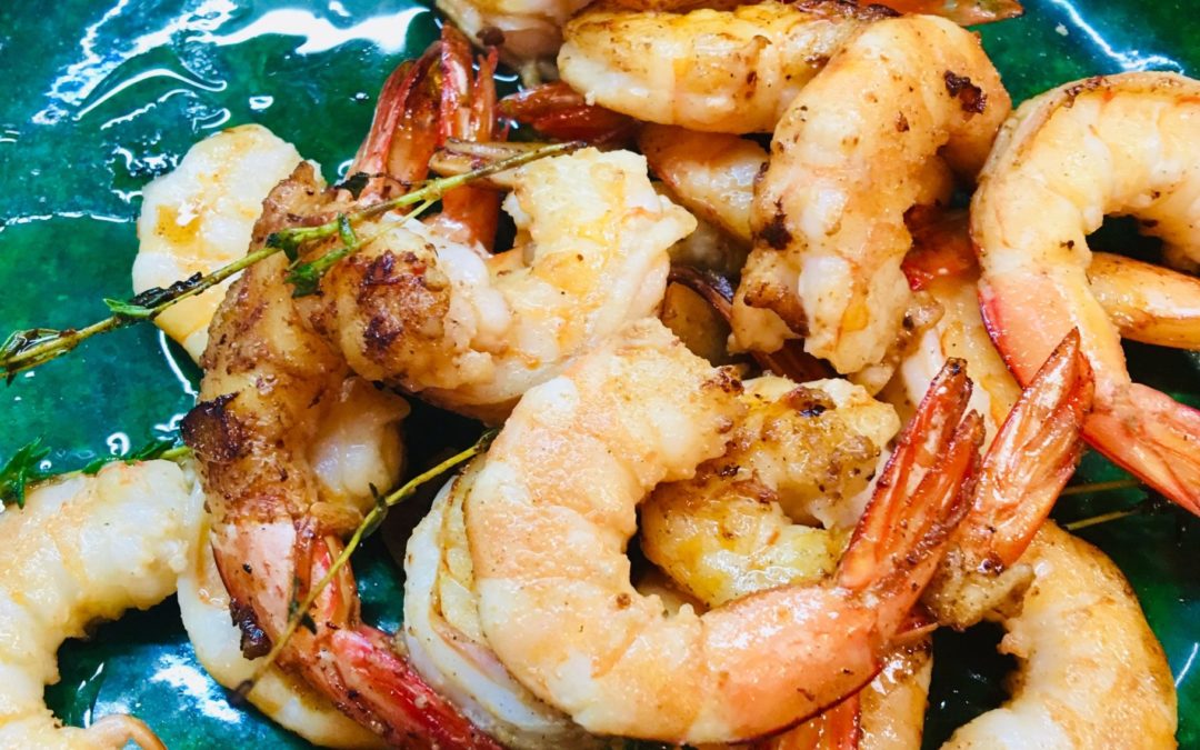 Gambas flambéed with Pastis